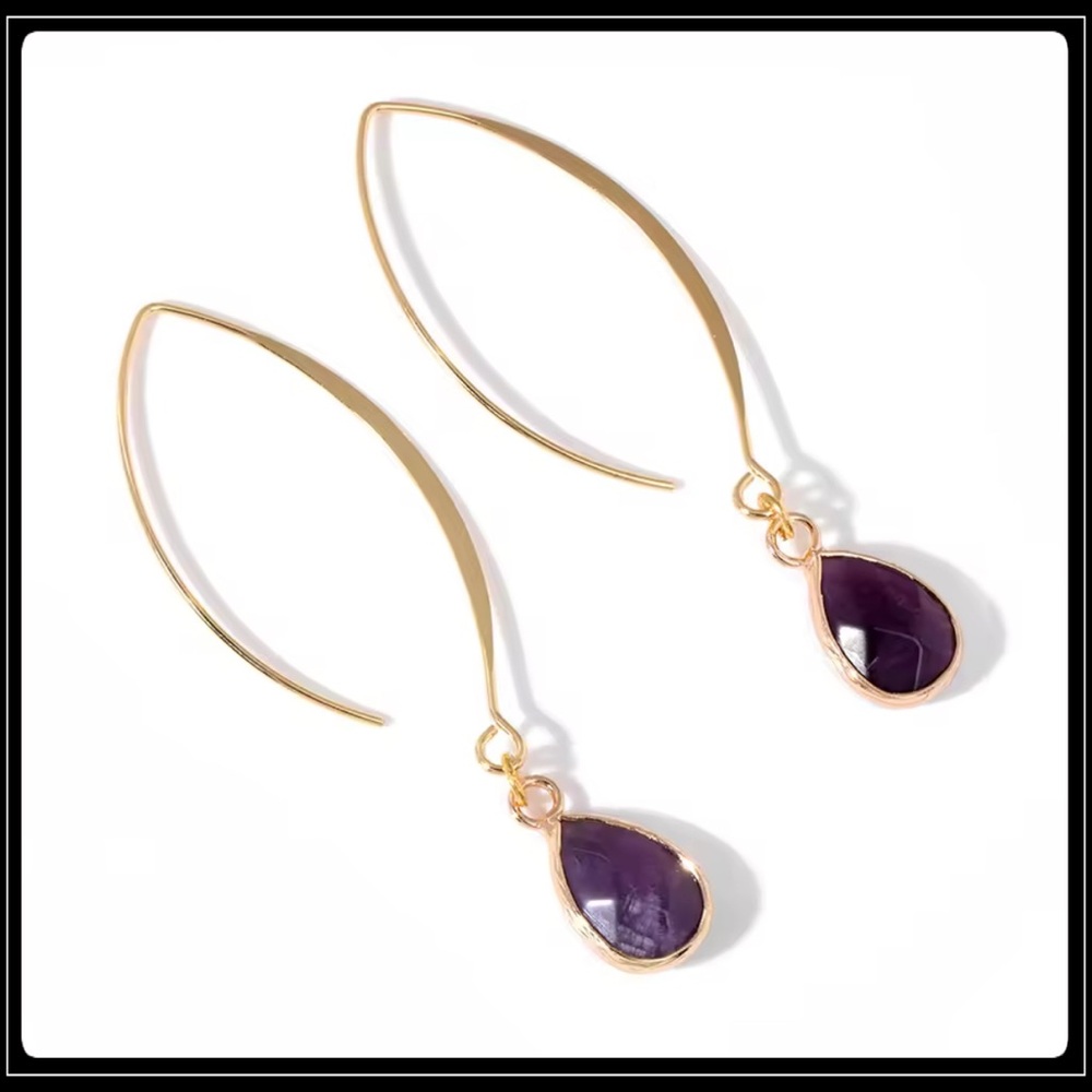 New gold purple amethyst stone drop hook oval stone bohemian hippie earrings